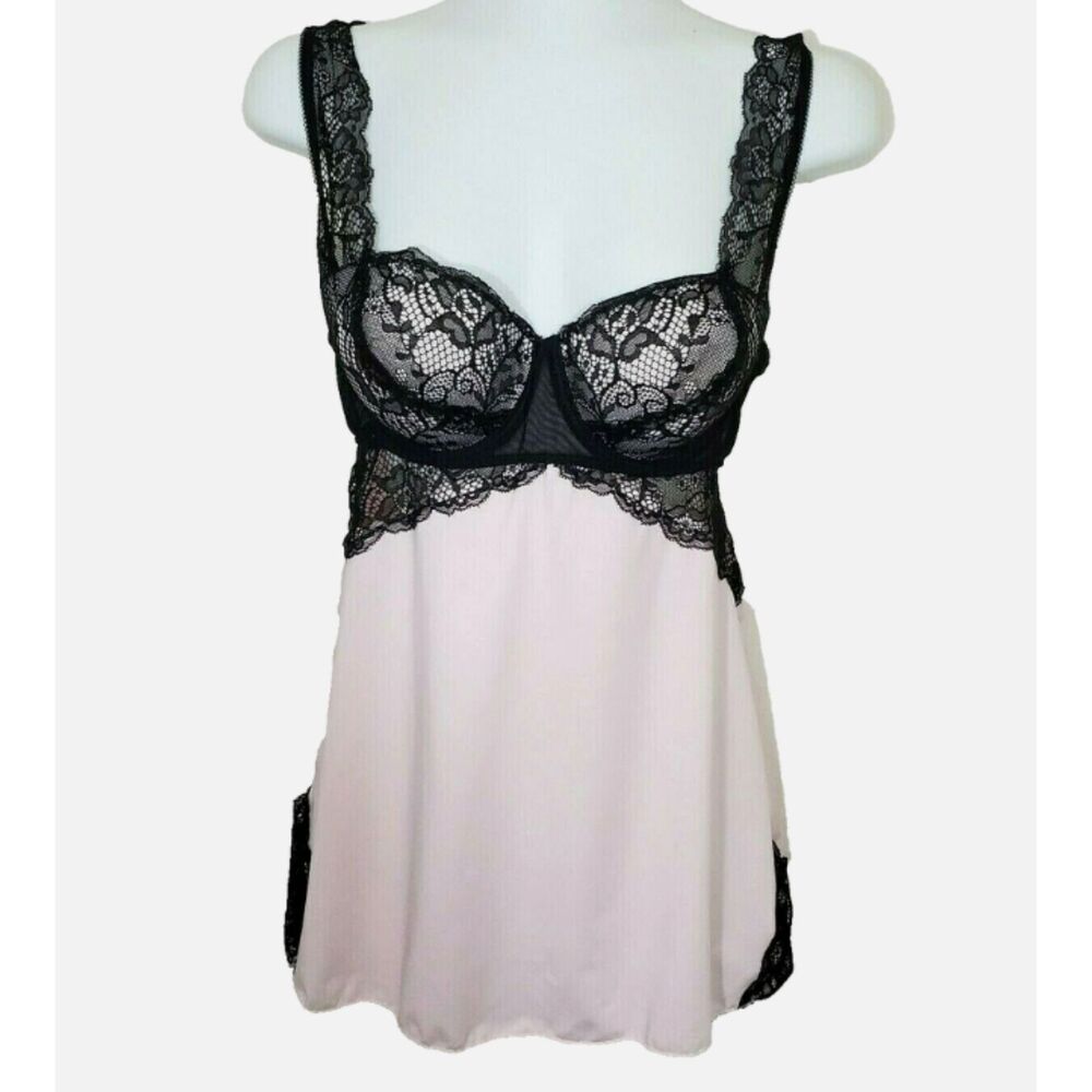 Sophie B Black Beige Lace Babydoll Chemise Molded Cups Adjustable Straps Sz M